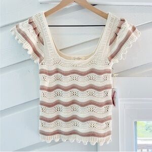 NWT Jessica Simpson Crochet Square Neck Boho Top Cream Brown XS